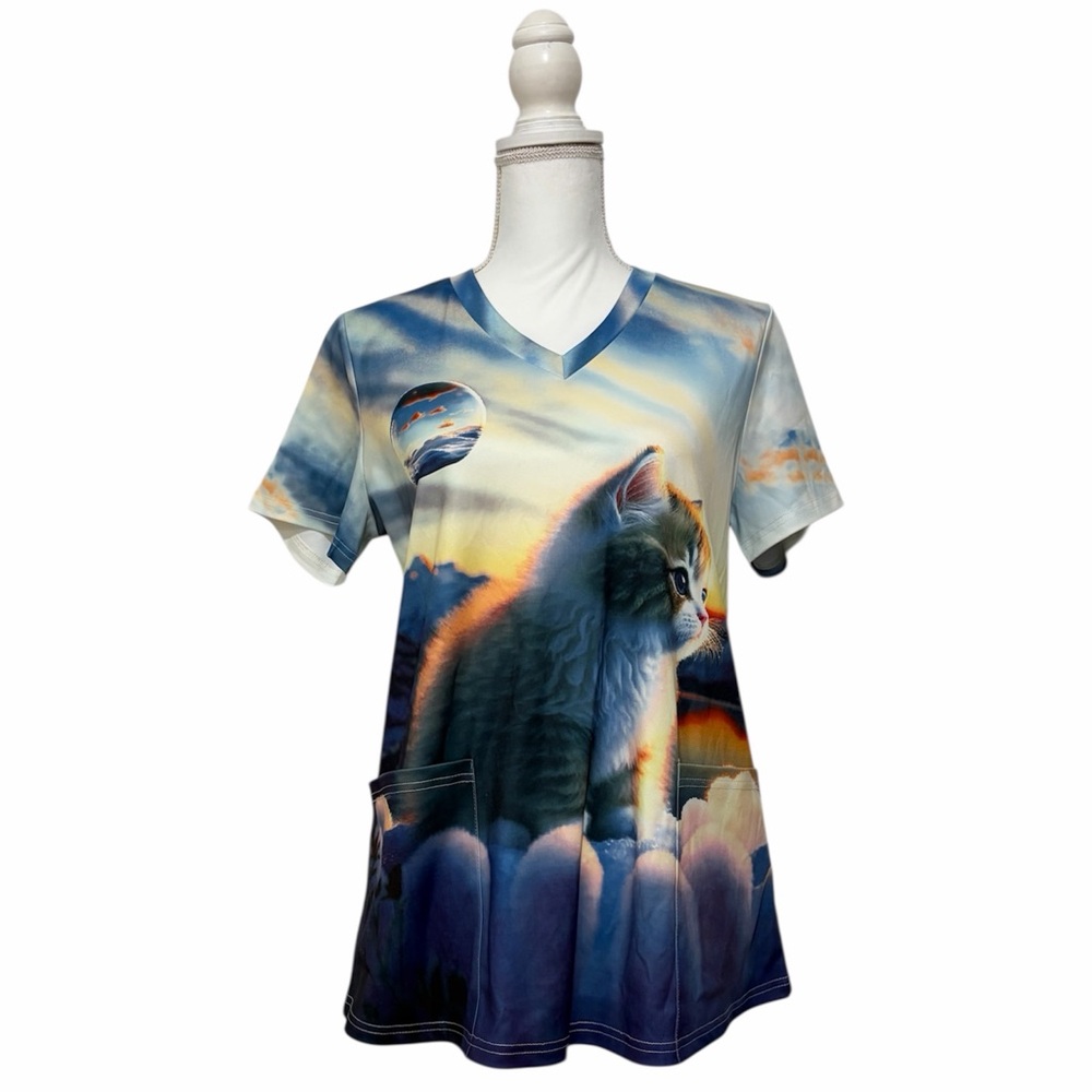 Baby Kitten with Sunset background Graphic Nursing Medical Top Women’s Medium